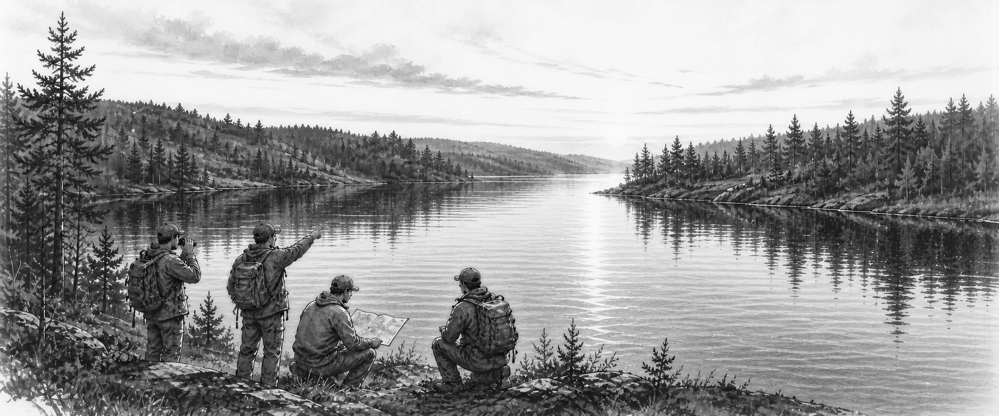 Field scouts overlooking a reflective wooded lake